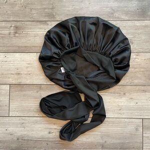 Silky | Black Silky Satin Bonnet w/ Long Ribbon Ties